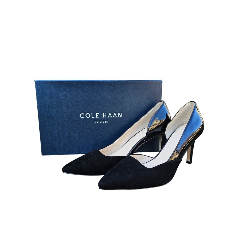 Cole Haan Rendon Pump II 9 Black‎ Suede Patent D'Orsay Heels Pointed Toe NWB ~